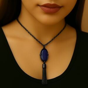 Gunmetal Fringed Tassel Purple Necklace Pendant, 34+3" Women's Fashion Jewelry